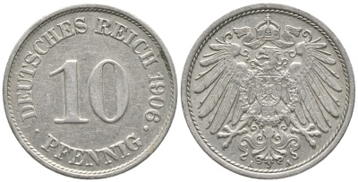 ГЕРМАНИЯ 10 ПФЕННИГОВ 1906 A KM 12, J. 13 медно-никель 100-928