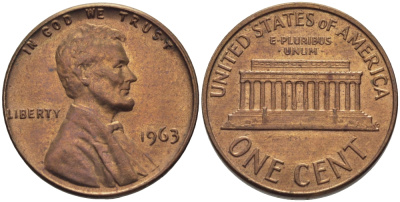 США 1 ЦЕНТ 1963 ЛИНКОЛЬН KM 201 медь цинк UNC 35-753