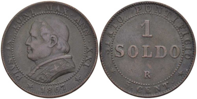 ВАТИКАН 1 СОЛЬДО = 5 ЧЕНТЕЗИМО 1867 R, ГОД XXI, ПАПА ПИЙ IX (1846-1878), БОЛЬШАЯ ГОЛОВА, МАЛЫЕ ЦИФРЫ ДАТЫ KM 1372.1 (С182а) медь 1521-1331