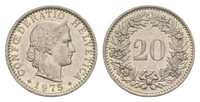 Швейцария 20 раппенов 1975 KM 29a медно-никель 4625-1212