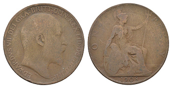 Великобритания 1 пенни 1908 Эдуард VII (1901-1910) KM 794.2, Spink 3990 бронза 4661-515