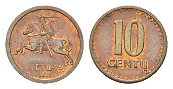 Литва 10 центов 1991 год-тип KM 88 бронза aUNC 4173-927