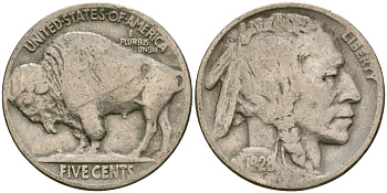 США 5 центов 1928 индеец, бизон KM 134 медно-никель 4519-1115