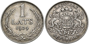 Латвия 1 лат 1924 Первая республика (1918-1939) KM 7 серебро 27-1224