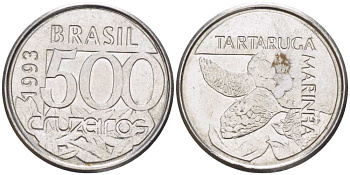 Бразилия 500 крузейро 1993 морская черепаха KM 624 нержавеющая сталь 4396-1014