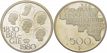 Бельгия 500 франков 1980 150 лет независимости, Belgie, Бодуэн I (1951-1993) KM 162 медно-никель покрытый серебром UNC 107-324