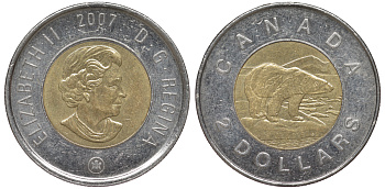 Канада 2 доллара 2007 полярный медведь KM 496 биметалл 4605-642