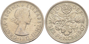 Великобритания 6 пенсов 1967 Елизавета II (1952-2022) KM 903, Spink 4149 медно-никель 3955-1159