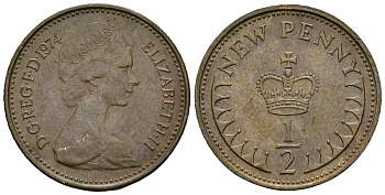 Великобритания 1/2 пенни 1974 Елизавета II (1952-2022) KM 914, Spink 4239 бронза 4173-814