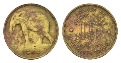 Бельгийское Конго 1 франк 1944 слон, Леопольд III KM 26 латунь 4669-415