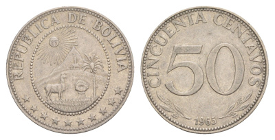 Боливия 50 сентаво 1965 KM 190 сталь плакированная никелем 4654-624