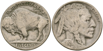 США 5 центов 1928 индеец, бизон KM 134 медно-никель 4519-1115
