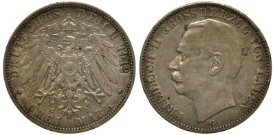 Баден 3 марки 1912 Фридрих II (1907-1918) J. 39, KM 280 серебро    3711-1715