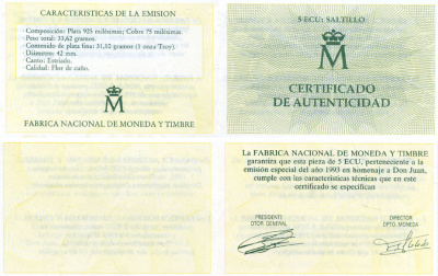 Испания 5 экю 1993 Хуан Карлос I (1913-1993), парусник, в оригинальной деревянной коробке, с сертификатом  серебро  PROOF  4-3-1-14