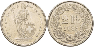 Швейцария 2 франка 1988 В KM 21а.3 медно-никель 4542-533