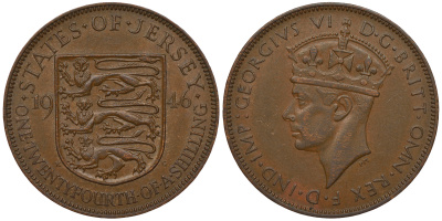 Джерси 1/24 шиллинга 1946 Георг VI (1936-1952) KM 17 бронза 4393-1156