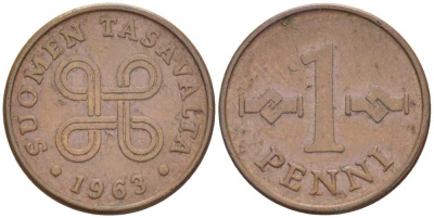 Финляндия 1 пенни 1963 первый год KM 44 медь 214-563