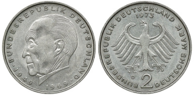 ФРГ 2 МАРКИ 1973 D, КОНРАД АДЕНАУЭР KM 124, J. 406 медно-никель плакированный никелем плакированный никелем UNC 72-446