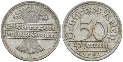 ГЕРМАНИЯ 50 ПФЕННИГОВ 1921 F KM 27, J. 301, Weege 10 алюминий 261-741
