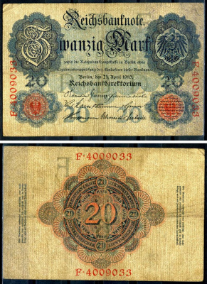 Германия 20 марок 1910 Pick 40 b бумага 7191-5-1-2