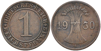 Германия 1 рейхспфенниг 1930 F, Веймарская республика KM 37 бронза 4387-766