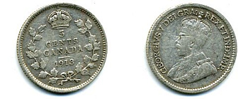 КАНАДА 5 ЦЕНТОВ 1913 ГЕОРГ V серебро 46-563