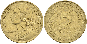 Франция 5 сантимов 1977 тип Марианна KM 933 медь алюминий никель    4152-1227
