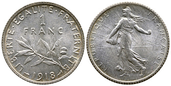 Франция 1 франк 1918 сеятель KM 844.1, Le Franc 217.24 серебро UNC 259-655