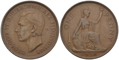 Великобритания 1 пенни 1938 Георг VI (1936-1952) KM 845, Spink 4114 бронза 4607-1225