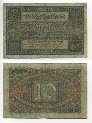 ГЕРМАНИЯ 10 МАРОК 1920 6 ФЕВРАЛЯ 1920, БУКВА E, СЕРИЯ N, СЕМЬ ЦИФР В НОМЕРЕ СЕРИИ Pick 67a, Rosenberg 63а бумага 7217-32-1