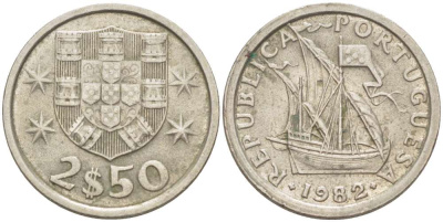 ПОРТУГАЛИЯ 2,5 ЭСКУДО 1982 ПАРУСНИК KM 590 медно-никель 4519-815