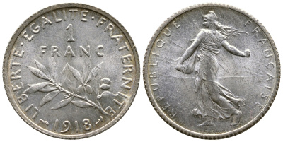 Франция 1 франк 1918 сеятель KM 844.1, Le Franc 217.24 серебро UNC 259-655