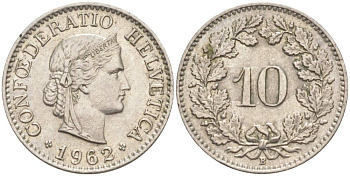 ШВЕЙЦАРИЯ 10 РАППЕНОВ 1962 В KM 27 медно-никель 55-332