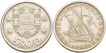 ПОРТУГАЛИЯ 5 ЭСКУДО 1968 ПАРУСНИК KM 591 медно-никель 4513-1043