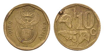 ЮАР 10 центов 2006 герб, цветок алоэ KM 487 сталь плакированная бронзой 4178-134