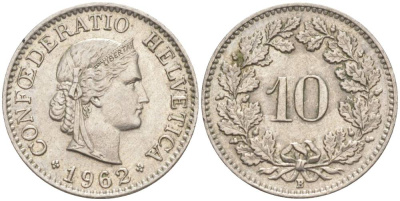 ШВЕЙЦАРИЯ 10 РАППЕНОВ 1962 В KM 27 медно-никель 55-332
