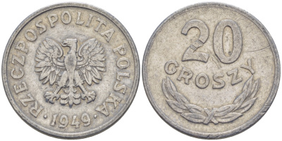 Польша 20 грошей 1949 KM 43а, Parchimowicz 207b алюминий 66-339