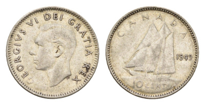 Канада 10 центов 1949 Георг VI (1936-1952), парусник KM 43 серебро 4674-1231
