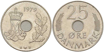 ДАНИЯ 25 ЭРЕ 1979 B; B, МАРГРЕТЕ II (1972-) KM 861.2 медно-никель 94-754