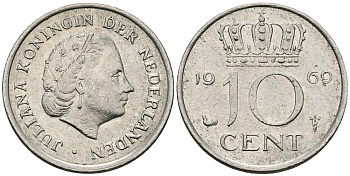 Нидерланды 10 центов 1969 Юлиана (1948-1980) KM 182 никель 96-343