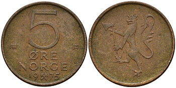 Норвегия 5 эре 1975 Улаф V (1958-1991) KM 415 бронза 4152-452