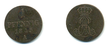 Ганновер 1 пфенниг 1845 A, Эрнст Август (1837-1851) KM 173.1, AKS 126, J. 54 медь 35-743