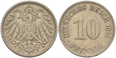 ГЕРМАНИЯ 10 ПФЕННИГОВ 1915 D KM 12, J. 13 медно-никель 08-1342