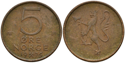 Норвегия 5 эре 1975 Улаф V (1958-1991) KM 415 бронза 4152-452