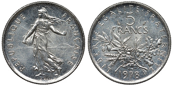 Франция 5 франков 1978 сеятель KM 926а.1, Le Franc 341.10 никель плакированный медно-никелем 4123-513