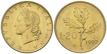 Италия 20 лир 1992 R KM 97 алюминиевая бронза UNC 4617-942