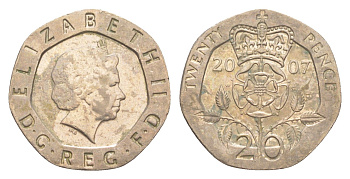 Великобритания 20 пенсов 2007 Елизавета II (1952-2022) KM 990, Spink 4630 (G3) медно-никель 4639-936