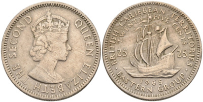 Британские Восточно-Карибские территории 25 центов 1965 Елизавета II (1952-2022), парусник KM 6 медно-никель 4575-1036