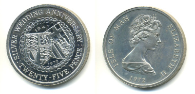 Остров Мэн 25 пенсов 1972 25 лет свадьбы Елизаветы II и Филиппа, гербы КМ 25 медно-никель BU 58-614