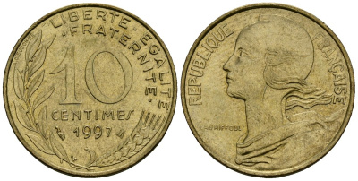 Франция 10 сантимов 1997 тип Marianne KM 929 алюминиевая бронза 4136-435